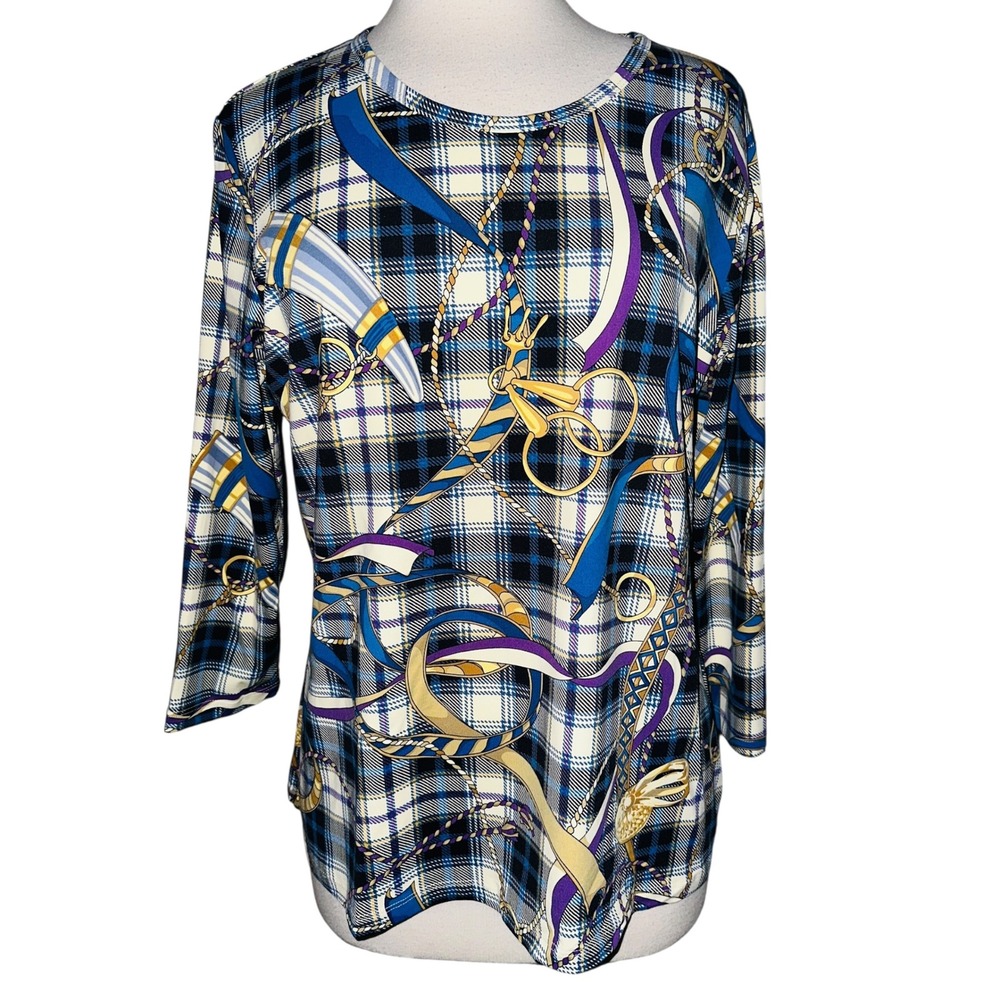 WB6 J.McLaughlin Women's XL Plaid Chain Print 3/4 Sleeve‎ Knit Top